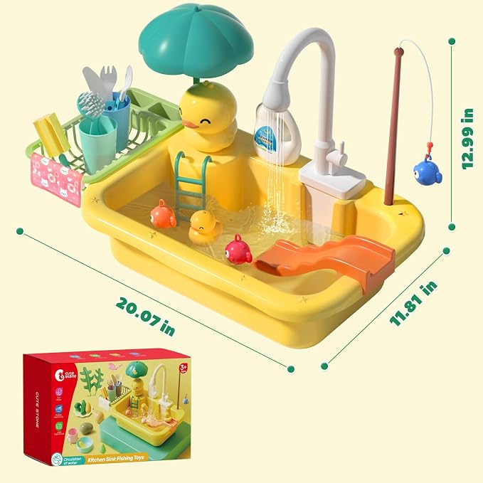 CUTE STONE Play Sink with Running Water, Kitchen Sink Toys for Pretend Play | Play Food, Kitchen Utensils, Pool Floating Toy for Fishing Game, Children Electric Dishwasher Toy Gift for Kids Boys Girls