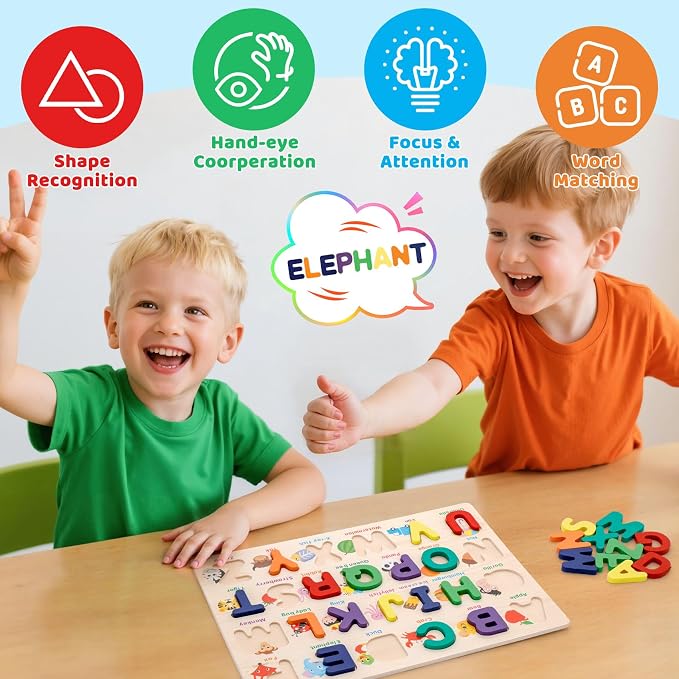 Alphabet Puzzle Wooden Puzzles for Toddlers ABC Shape Learning Toddler Toys | ABC Puzzle with Board & Letter Blocks, Preschool Educational Toys for Girls Boys, Pattern Alphabet