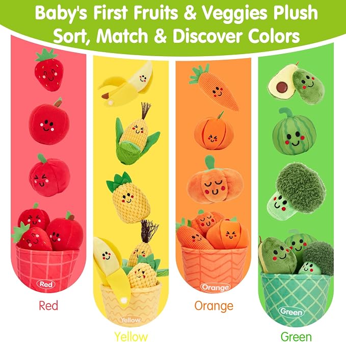 hahaland Montessori Toys for 1 Year Old - Baby Fruit Vegetable 6-12 Months | 17 PCs Sensory Toys Color Sorting Plush Play Food with Caterpillar Bag, 9 10 12 Month Old Toy 1st One Year Old Birthday Gifts