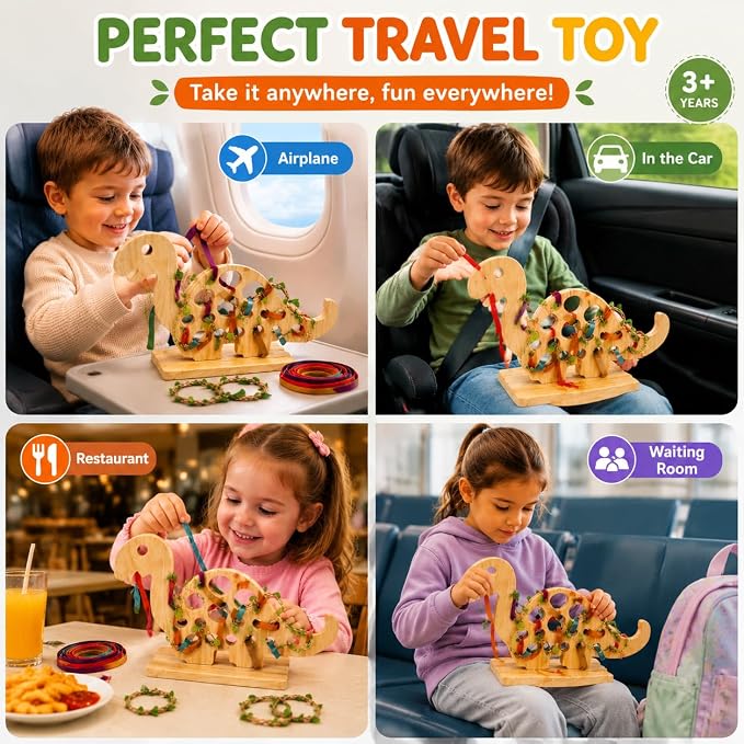Eray Montessori Dinosaur Lacing Toy for Kids Ages 3-6, Wooden Threading Toy for Fine Motor Skills, Travel Quiet Toy with Colorful Laces, Preschool Learning Activities