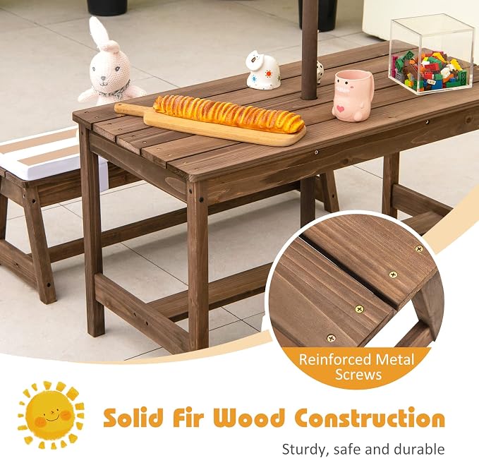 Costzon Kids Picnic Table, Toddler Wood Table & Chair Set w/Cushions, Height Adjustable Umbrella, Children Activity Table Outdoor Furniture Set for Patio, Garden, Backyard, Gift for Ages 3-8 (Coffee)