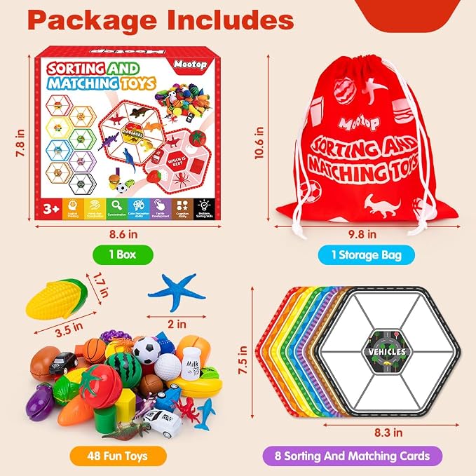 48-Piece Sorting-Toys-for-Toddlers, Learning Fine-Motor-Toys Sorting-Games | Sorting Matching Toys Match Card & Sort Game Set with Storage Bag, Animals Dinosaurs Fruits Foods Balls Playset for Ages 2–5