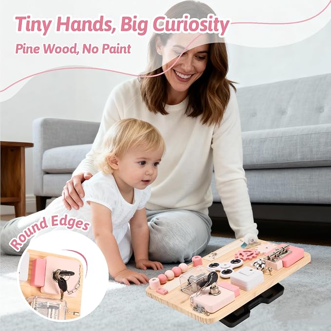Potatomato Pink Montessori Wooden Busy Board – Sensory Toy for Toddlers – Educational Activity Board for Kids Fine Motor Skills– Travel Fidget Toy for Girls & Boys – Birthday Gift for Autism & ADHD