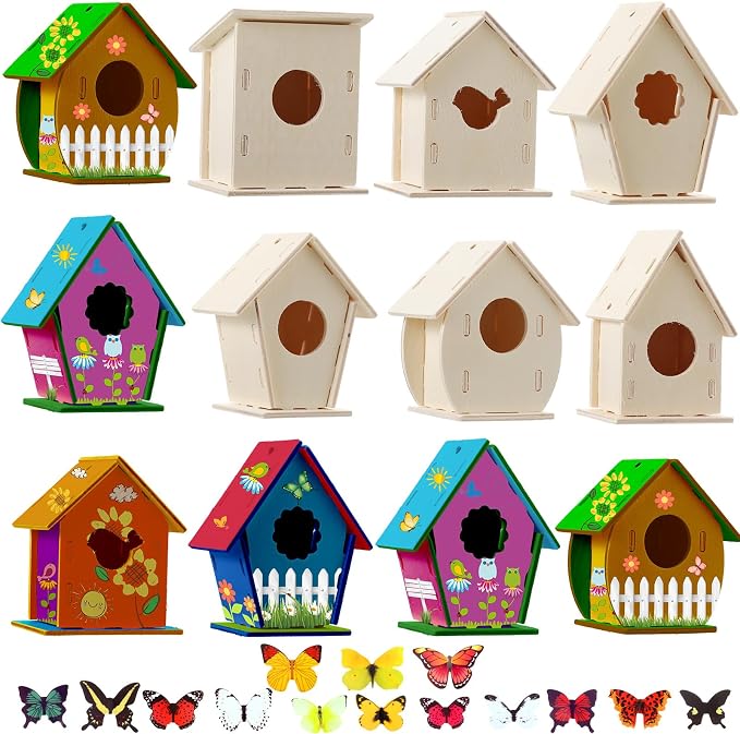 Sawysine 107 DIY Birdhouse Kits, Wooden Bird House Multiple Entrance | 48 Wooden Bird House Kits in 6 Shapes and 57 Butterfly Sticker for Children Fall Craft Activity Art DIY Project