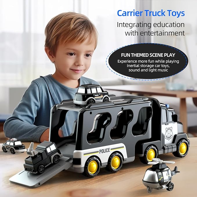 Beby Buty 5 in 1 Police Trucks Cars Toys for Toddlers 3-5, Boy Toddler Car Truck Toys with Light Sound, Birthday Gifts Toys for 3 4 5 6 Year Old Boy, Transport Carrier Truck for Toddlers 3-5 Years