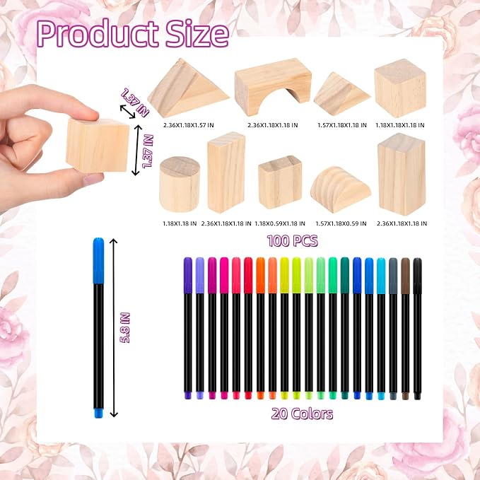 141 Pcs Baby Shower Game Sign Set Includes Decorative Square Signs 100 DIY Blank Wooden Blocks 20 Paint Markers(Flower)
