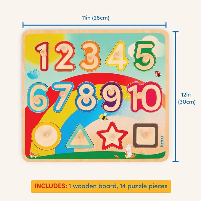 Battat Wooden Number and Shapes Puzzle, Puzzle n Learn Garden, Wood Toys | 15-piece wooden puzzle with 1 board, 10 number pieces, and 4 shape pieces for early math and matching play, 2+ Years