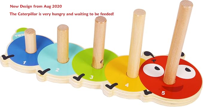 TOWO Wooden Stacking Rings Toy, Caterpillar Counting Ring Stacker | 5-peg ring stacker with counting rings; supports color sorting, fine motor skills and early learning, gift age 1+.