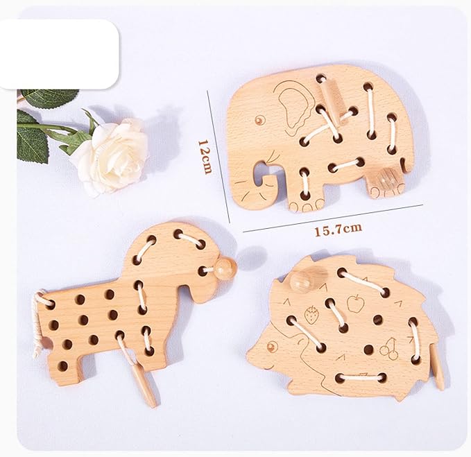 Fabater Wooden Lacing Toy for Toddlers - Animal Style Threading Toy, Safe Beech Wood Lace Block, Fine Motor Skill Early Education, 3-Pack Learning for Kids