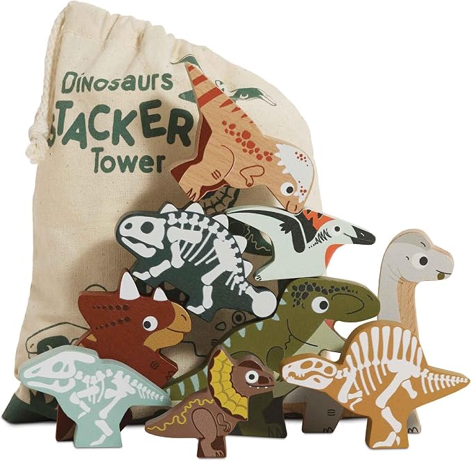 Le Toy Van Wooden Jurassic Stacking Dinosaurs & Bag, 18m+