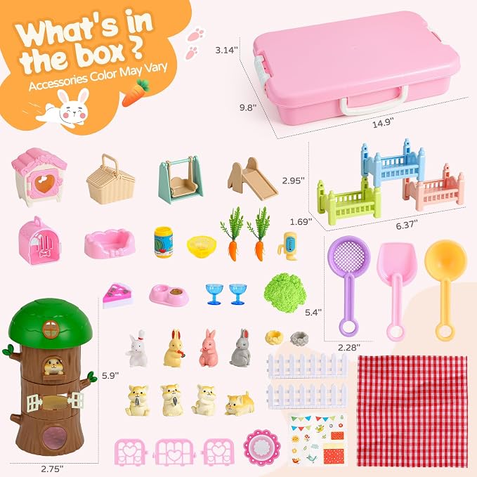 KNASON Rabbit and Hamster Sensory Bin, Play Sand Kit for Girls and Boys | 2.2lbs Sensory Play Sand, Sandbox with Lid, Rabbit and Hamster Figures, Tree House, Role Pretend Play Toy Gift for Kids