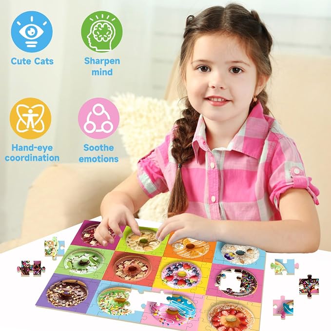 Puzzles for Kids Ages 4-6 6-8 8-10 Year Old, 4 Packs 100 Piece Dogs Cats Cupcakes Donuts Educational Jigsaw Puzzles, Learning Educational Kid Jigsaw Puzzles Gifts for Girls and Boys
