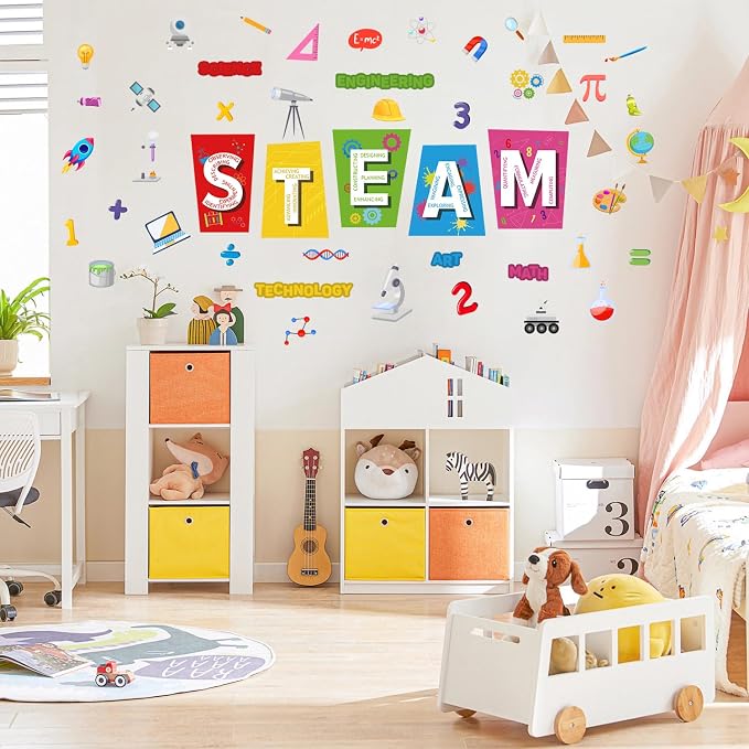 LHIUEM STEAM Educational Wall Stickers 35"×24" Science Tech Engineering Art Math Wall Decal Colorful Classroom Decor Removable Self Adhesive Learning Mural Renter Friendly for Kids Bedroom Playroom