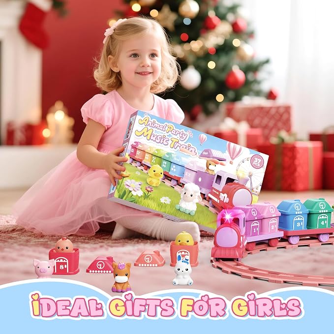 Electric Train Set for Toddlers 2-4 with Farm Animals, Music & Lights, Pink | Montessori Counting & Sorting Train Toy, 37 Pieces with 8 Farm Animal Finger Puppets and Numbered Barns for Toddler Girls