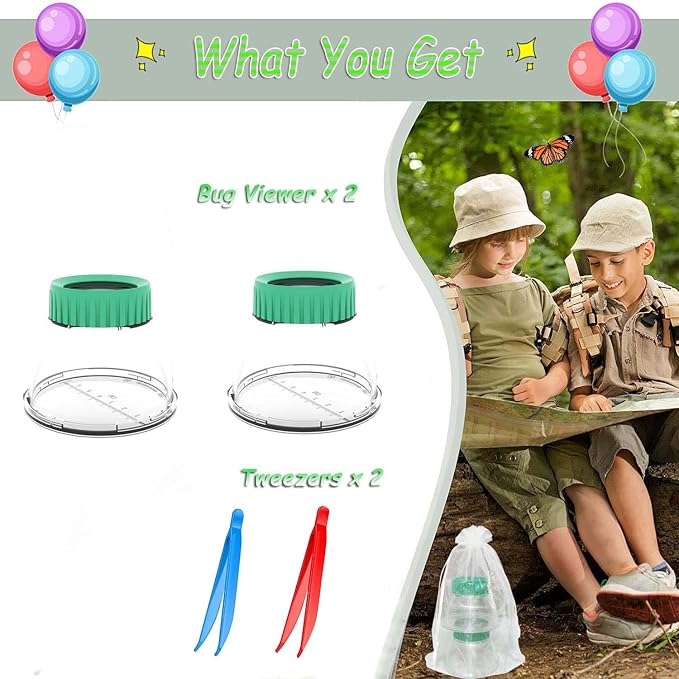 Bug Viewer for Kids 5X Magnifying Insect Observation Kit Built-in 7cm Ruler with 2 Slant Tweezers Bug Viewer Catcher Cage for Kids Science Nature Exploration (2 Pack Green), LX-4LS