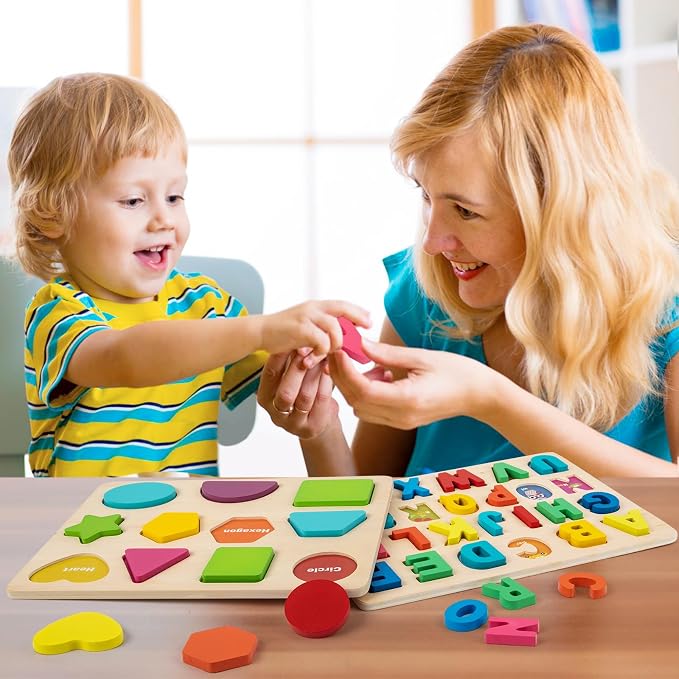 Attmu Alphabet Wooden Puzzles for Toddlers 3 Pcs ABC Shape Number Puzzle | Learning Toys for Kids, Preschool Educational Activities Toddler Gift Toys for Girls Boys Christmas Valentines Easter