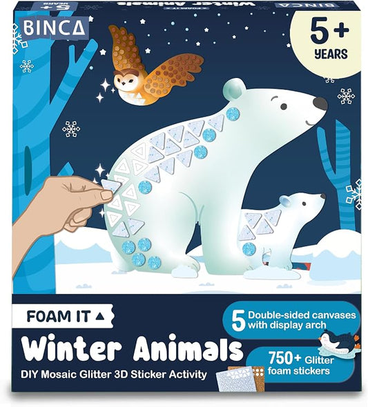 BINCA Foam Sticker Mosaic Art Activity, 750+ 3D Glitter Foam Stickers, 5 Winter Animals with Display Arch, DIY Mess-Free Activities, Gifts for Boys & Girls Ages 5,6,7,8