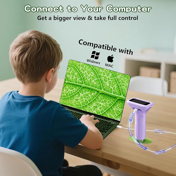 Odatay 1000X Digital Kids Microscope Kit with 12 Slides & 2" Screen, Purple | 1080P Imaging, Fit Ages 3-12, Standalone Pocket Science Edu Toys Gifts, Outdoor Backyard Bugs Exploring, Anti-drop Lanyard