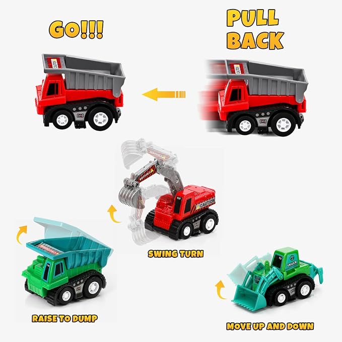 Small Construction Vehicles Toy Cars for Toddlers 1-3, Mini Pull Back Cars Trucks for Toddlers 2-4, Birthday Party Favors Kids 3-5, Goodie Bag Stuffers Boy Potty Training Prizes Sensory Bin Toys (6)