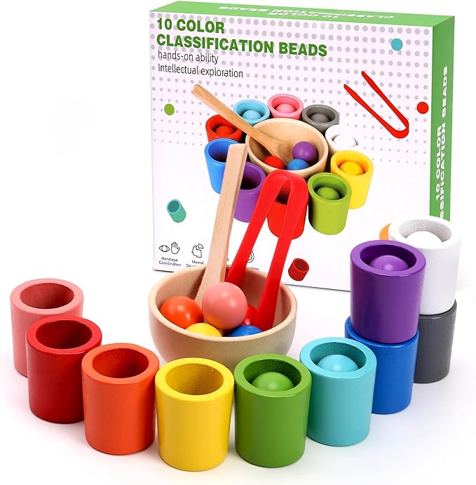 Color Sorting Toys, Wooden Montessori Rainbow Matching Game for Kids 3+ | 10 sorting cups, wooden rainbow balls, wooden spoon, plastic tongs, storage box, for color matching and fine motor play