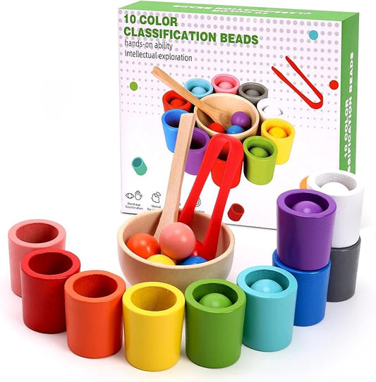 Color Sorting Toys, Wooden Montessori Rainbow Matching Game for Kids 3+ | 10 sorting cups, wooden rainbow balls, wooden spoon, plastic tongs, storage box, for color matching and fine motor play