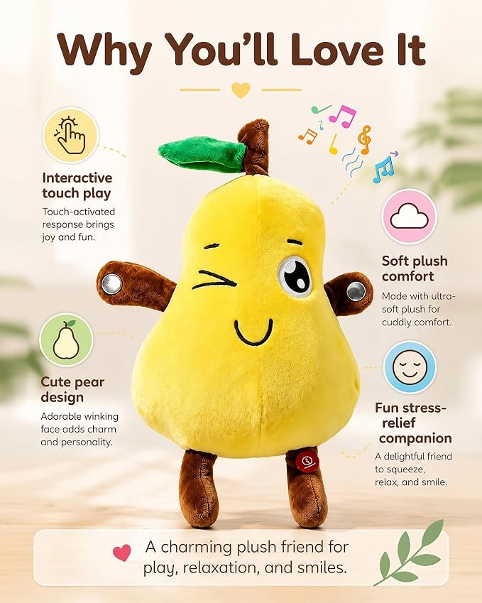 Touch Activated Musical Sensory Plush Toy, Ultra Soft Skin Trigger Sound | Interactive Stuffed Doll, Dual Mode, Early Educational Sensory Fruit Gift for Baby Kids Boys Girls All Ages (Yellow Pear)