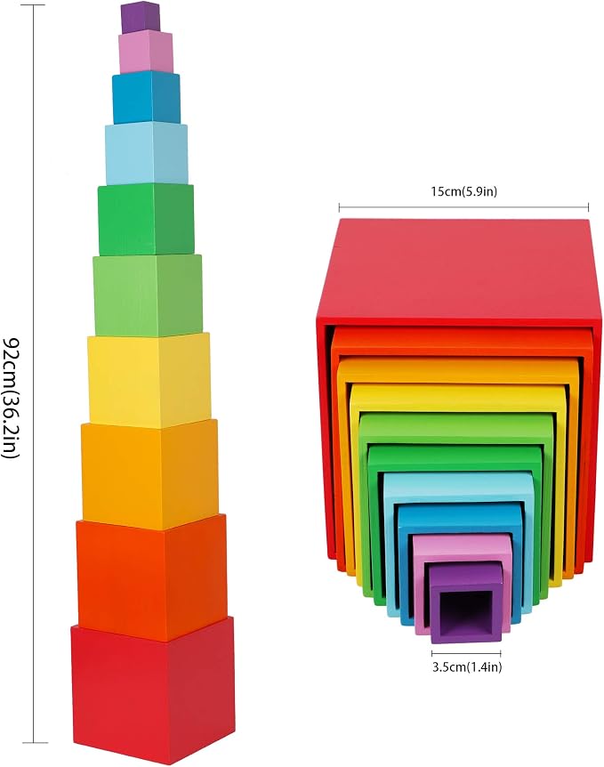 TOWO Wooden Stacking Boxes, Rainbow Nesting Sorting Cups for Toddlers | Rainbow wooden stacking cubes support color sorting, nesting and early learning; Montessori toy for toddlers age 2+