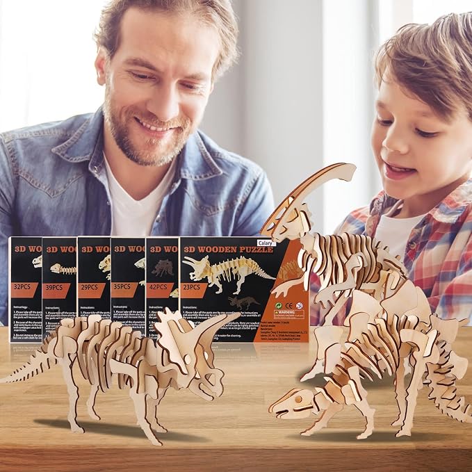 calary 3D Wooden Puzzle Simulation Animal Dinosaur Assembly DIY Model Toy for Kids and Adults,Set of 6