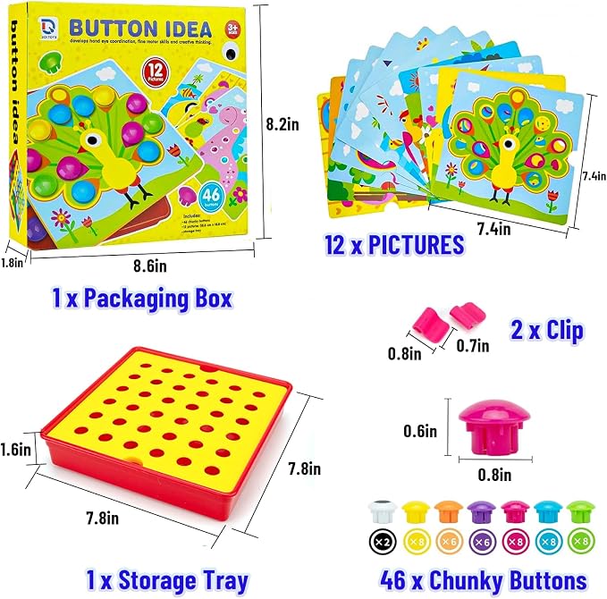 Button Art Pegboard for Toddlers - 12 Pics & 46 Buttons, Gift 3+ | 7.8'' x 7.8'' pegboard with bird theme. Builds fine motor skills, color matching & creativity. Perfect early learning gift