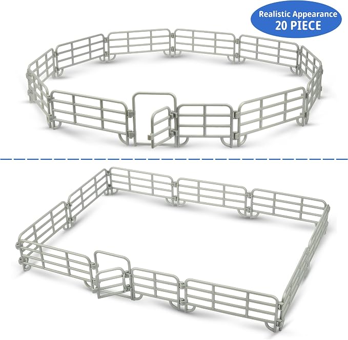 TOYMANY 20PCS Plastic Fence Toys Corral Fencing Panel Accessories Playset | Includes 2 Gates Fences, for Barn Paddock Horse Stable or Farm Animals Horses Figurines, Educational Gift for Kids Toddler