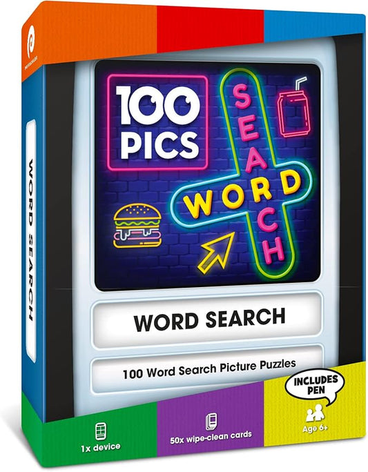 Word Search Travel Game - 100 Puzzles with Picture Clues | 50 Wipe Clean Cards with Slide Reveal case and Pen | Activity, Gift, Stocking Stuffer | for Kids and Adults, Age 6+