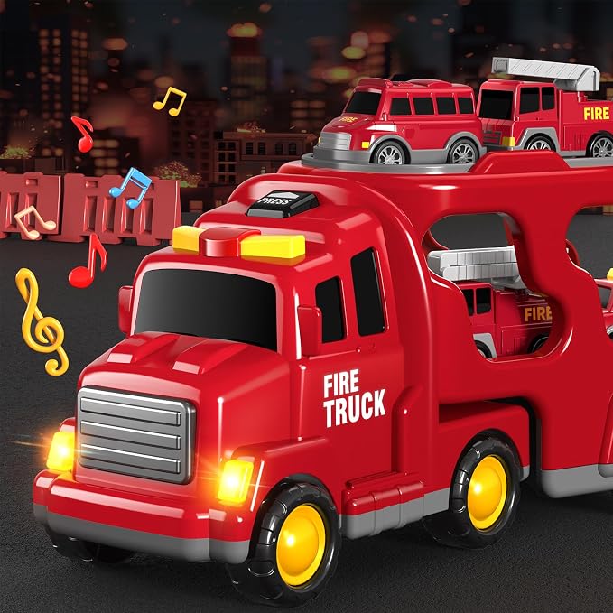 Beby Buty 7 in 1 Fire Trucks Cars Toys for Toddlers 3-5, Boy Toddler Car Truck Toys with Light Sound, Birthday Gifts Toys for 3 4 5 6 Year Old Boy