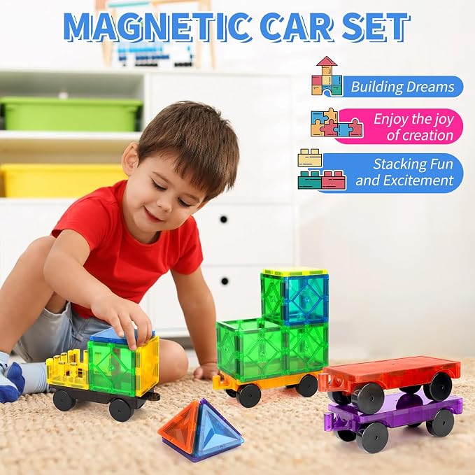 Mruikeny Magnetic Tiles Cars Construction Set - 4 PCS Magnet Cars Set | Magnetic Tiles Magnet Bricks Truck Sensory Toys, Educational Building Blocks for 3 4 5 6 7 8+ Year Old Girls Boys