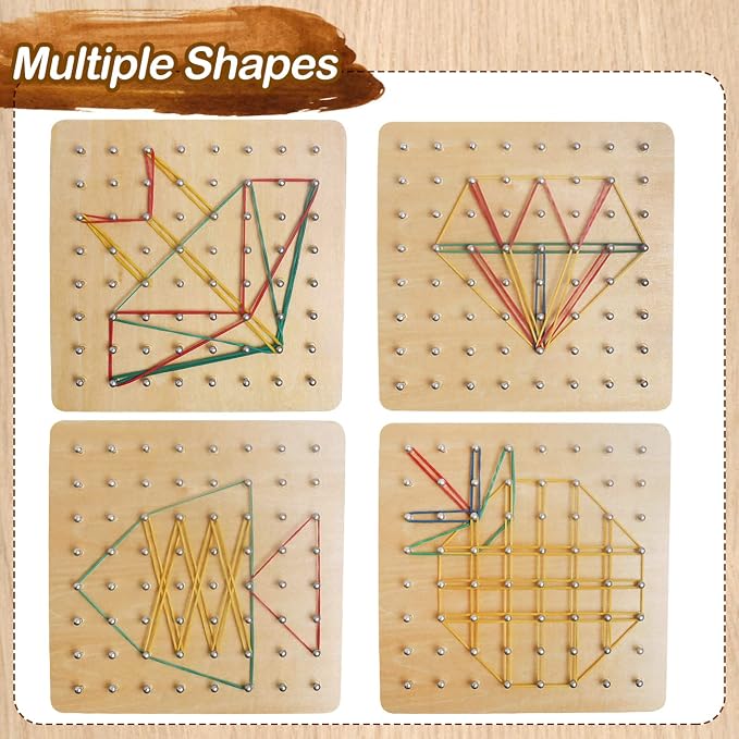 Wooden Geoboard, Montessori STEM Toy with Pattern Blocks for Kids Ages 3+ | Rubber Bands & Pattern Cards, Fine Motor Math Learning Geo Board, Classroom Home STEM Activity, Brain Teaser Educational Gift