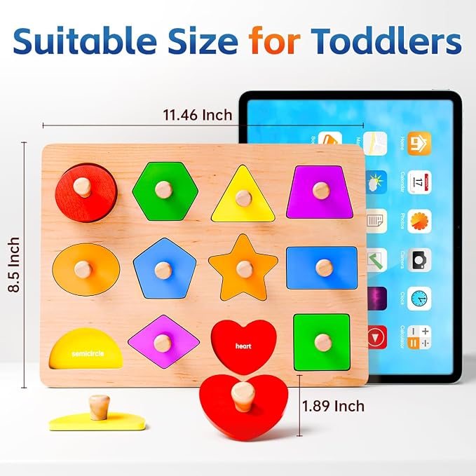 Wooden Shape Peg Puzzles for Toddlers 1 2 3 Year Old Boys Girls Gifts: Shape Sorter & Color Match Baby Puzzles 12-18-24 Months - Montessori Toys for 1 2 3 Year Old Toddler Learning Activities
