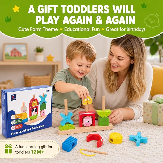 hahaland Montessori Toy for 1+ Year Old, Wooden Farm Stacking Sorting Toy | Toddler Puzzle Activity with Lacing Beads, Shape Cards & Brain Blocks, Learning Gift for Boys Girls 12+ Month