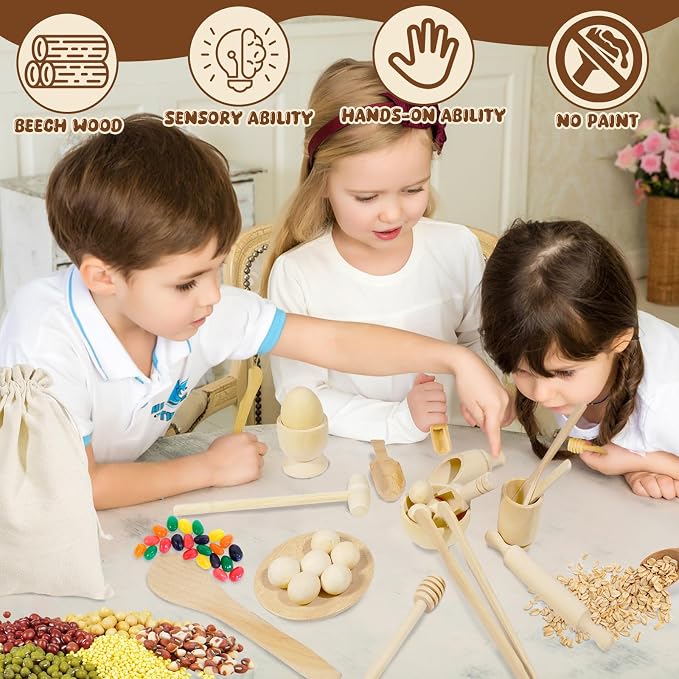 Hiawbon 25PCS Wooden Sensory Bin Tools for Toddlers Sensory Bin Filler | Wooden Pretend Play Sensory Tools Montessori Sensory Wooden Toys Fine Motor Learning Toys for Counting Sorting