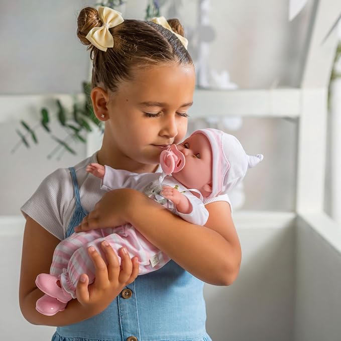15" Realistic Soft Body Baby Doll with Open/Close Eyes | JC Toys - Berenguer Boutique | 10 Piece Gift Set with Bottle, Rattle, Pacifier & Accessories | Pink | Ages 2+