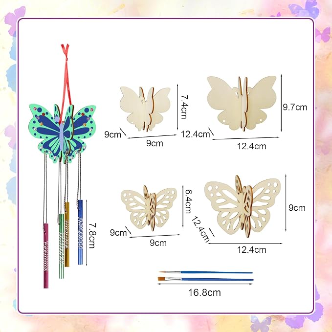 Fennoral 8 Pack 3D Butterfly Wind Chime Kit for Kids Make Your Own Butterfly Wind Chime Wooden Arts and Crafts for Kids DIY to Paint Butterfly Craft for Summer Art Activity Mother's Day Decoration