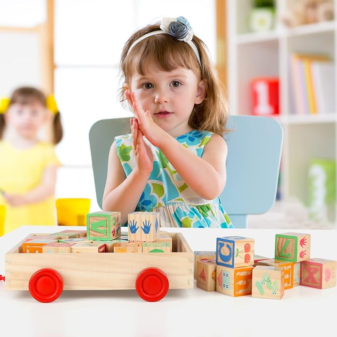 Wooden Building Blocks, Large Wood Stacking Blocks Set for Kids, 30 PCS Alphabet Blocks with Toy Wagon, Educational Wooden Toys for Boys Girls Gifts 1.65"