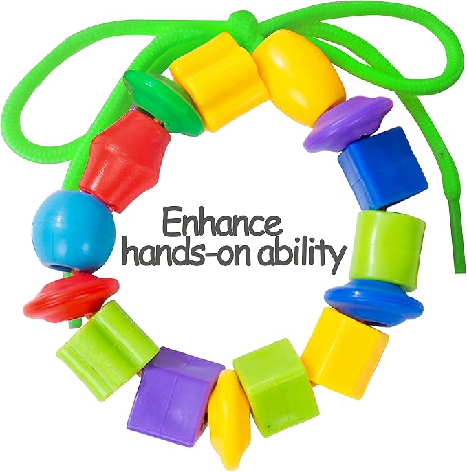 KUTOI Plastic Lacing Beads for Kids with Fun Shapes, Long String, and Brilliant Colors, Educational Occupational Therapy Toys-Fine Motor Toys，Montessori Toy for 3 Year Old and Above（70 pcs）
