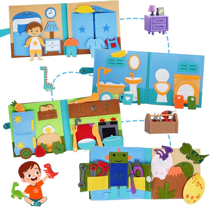 BizyKoady Montessori Busy Book for Toddlers 2-4, Pretend Play Quiet Book | Early Learning Educational, Travel Toys, Travel Essentials, Learning Activitie, Boys Christmas Gift, Felt