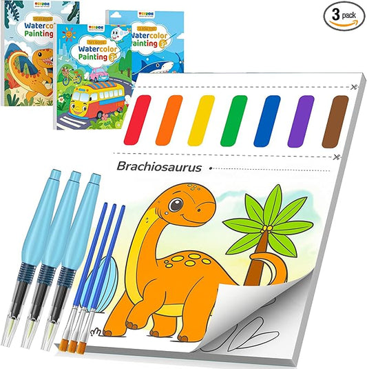 TECJOE 3 Pack Paint with Water Coloring Books for Toddlers, Mess Free Watercolor Painting Set with 6 Brushes, Travel Art Craft Activities Toys Birthday Gifts for Kids Ages 3-8, Traffic, Sea & Dinosaur | Thick Watercolor Paper With 6 Brushes, Mess Free ...