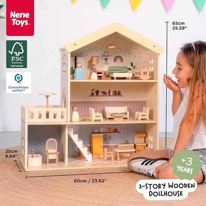 Nene Toys Wooden Dollhouse, 3-Story Doll House for Kids Ages 3+ | 28-piece wooden dollhouse with furniture, family figures, dog, 3 levels, pastel rooms and pretend play for toddlers and kids
