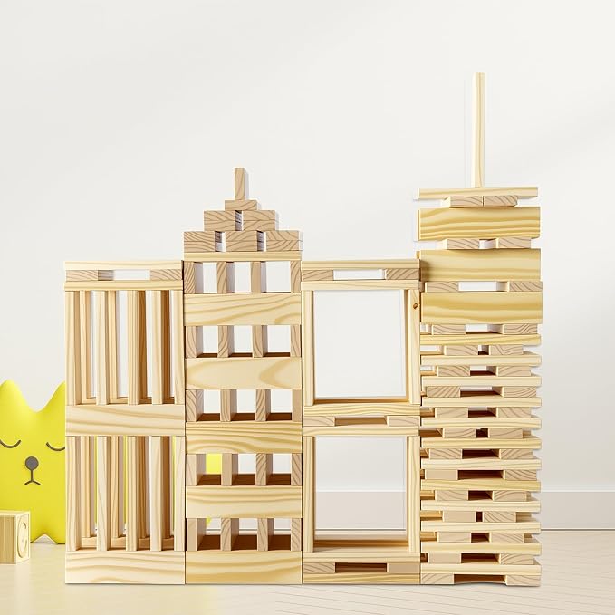 Jumbo 42 Pcs Medium Wooden Building Blocks for Kids,Natural Pine Construction Toy - 9.8 in Large Building Planks for Fast & Satisfying STEM Play, Sensory Motor Skills Family Game Night (20lbs)
