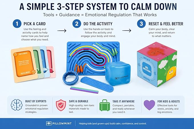 The Calm Kit by Pillowmint – Calm Down Corner Must-Haves with 52 Mindfulness Activity Cards & Sensory Tools for Emotional Regulation | Classrooms, Counseling & Home