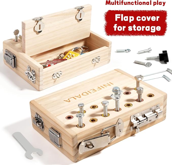 INIFEIDALA Montessori Busy Board Toys for 3 4 5 6 Year Olds | Screwdriver Board Set-Lock and Key Toy,Fine Motor Skills,Wooden Kid Tool Set,Birthday Gift for Boys & Girls,Quiet Travel Toy