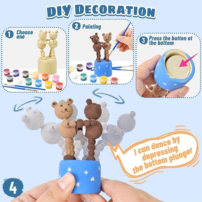 Vileafy Crafts for Kids Ages 4-8 with Paints & 8 Brushes, DIY Wooden Painting Kits for Boys and Girls, Unfinished Wood Animals Figures for Painting Party Favors and Kids Gifts (Pack of 3)