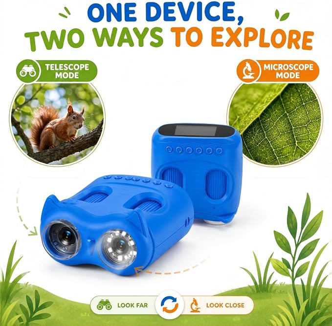 2-in-1 Kids Microscope & Telescope, STEM Science Explorer Toy Gift Age 5-10 | From Close-up Details to 10X Distant, Photo Video Capture, Ideal Educational Birthday Kits for Boys Girls Outdoor Nature Game