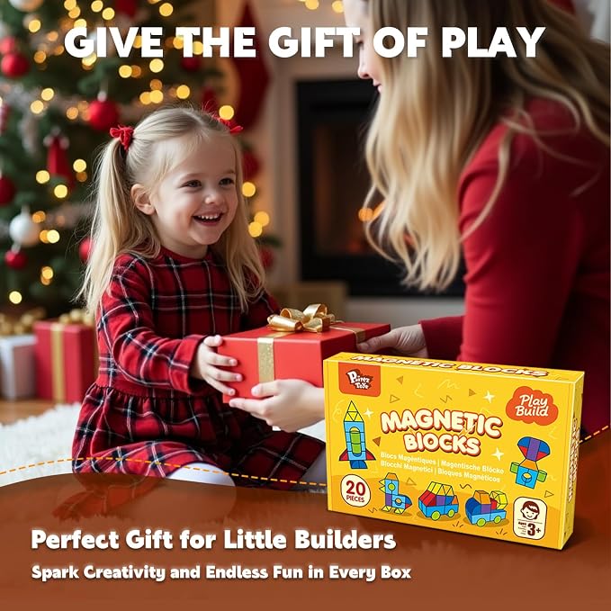 Pairez Toys Multi-Shape Magnetic Blocks, Large Building Blocks Set | 20 PCS Blocks, 7 Colors & 7 Shapes, Stack & Build, Sensory Click Sounds, Montessori Learning Toy, Travel Toys for Kids 3-5